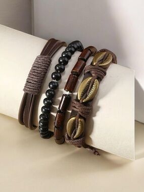 🔥🔥🆕Boho Stackable Brown Leather and Bead Bracelet Set
